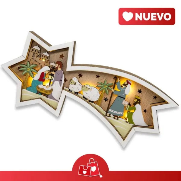 ESTRELLA FUGAZ DE MADERA CON BELÉN ILUMINADO
